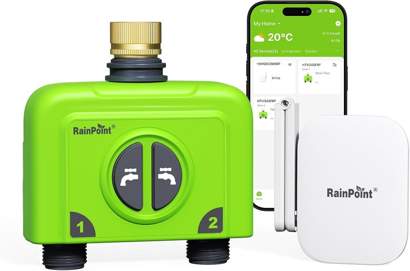 RAINPOINT WiFi Water Timer for Garden Hose, 2 Zone WiFi Sprinkler Controller, Smart Hose Timer Valve, Automatic Drip Irrigation System/Rain Delay for Garden/Lawn/Yard (Brass Inlet, WiFi Gateway) - Image 1